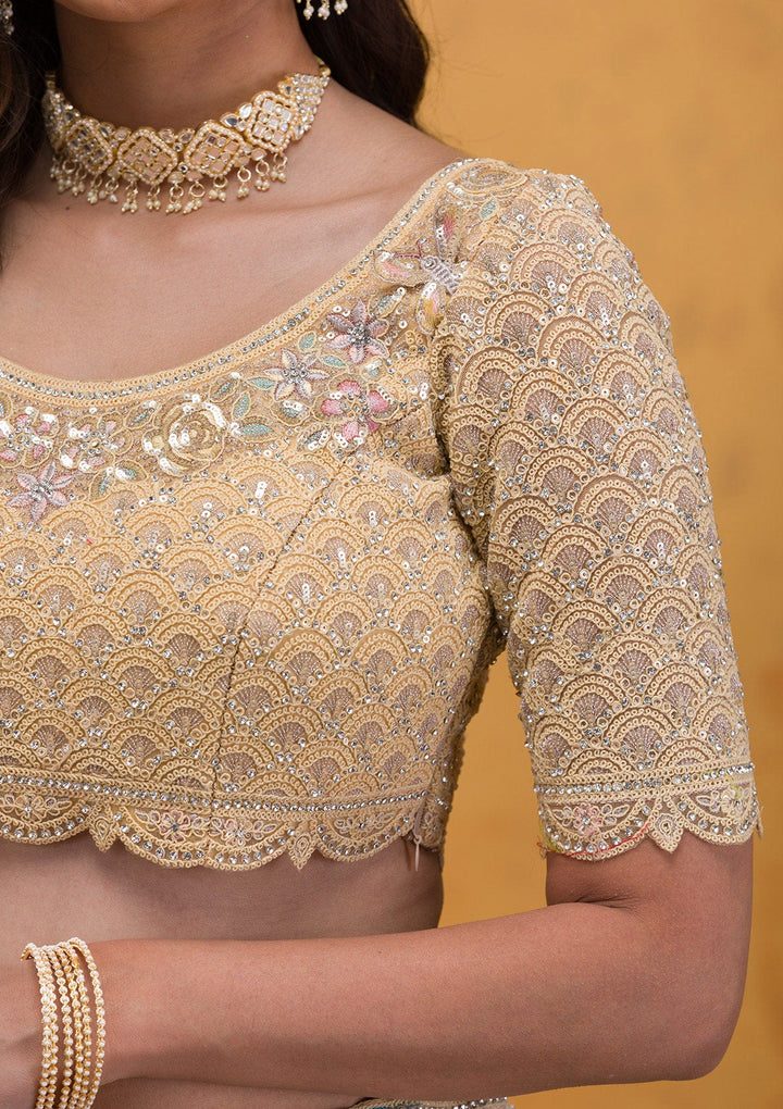Yellow Threadwork Net Readymade Lehenga-Koskii