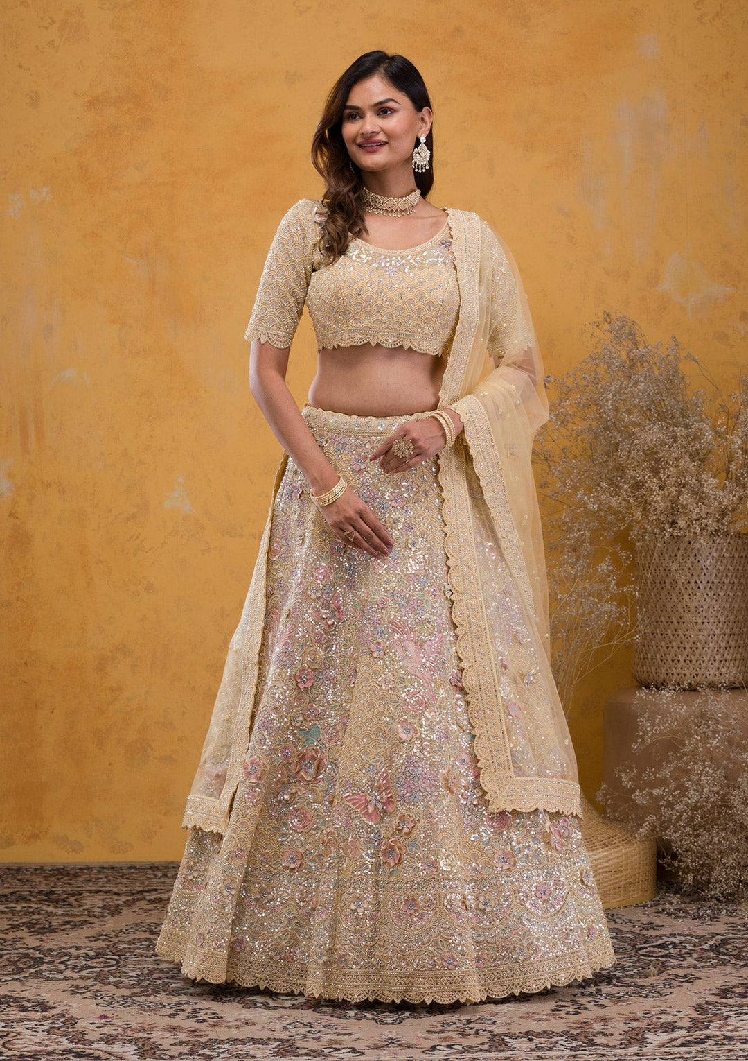 Yellow Threadwork Net Readymade Lehenga-Koskii