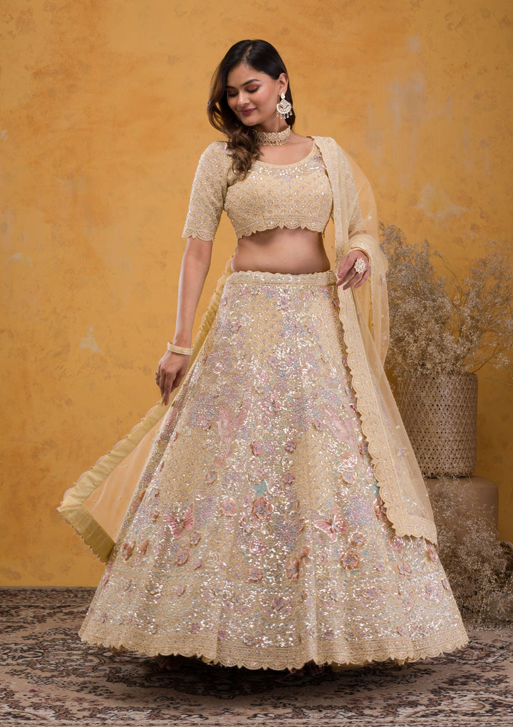Yellow Threadwork Net Readymade Lehenga-Koskii