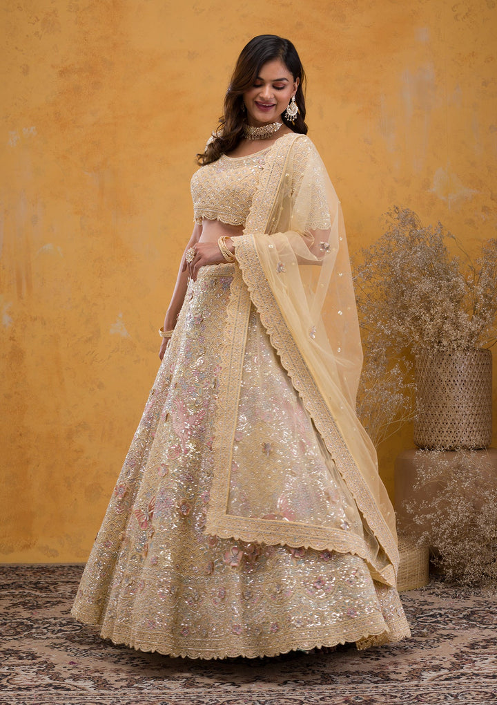 Yellow Threadwork Net Readymade Lehenga-Koskii