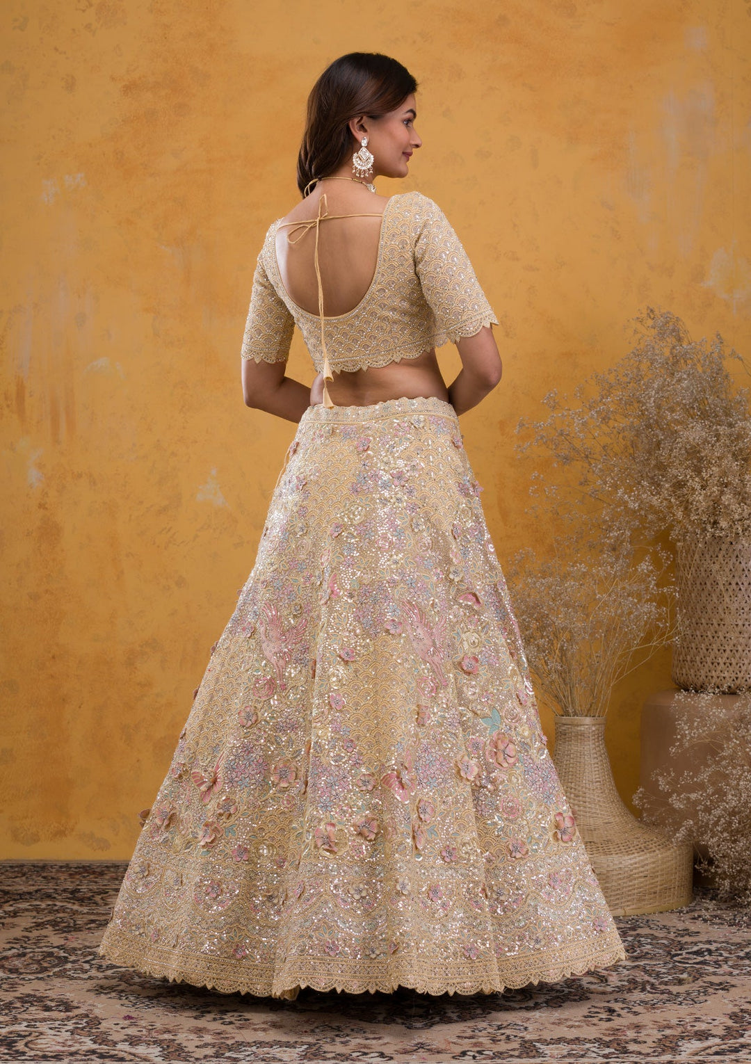 Yellow Threadwork Net Readymade Lehenga-Koskii