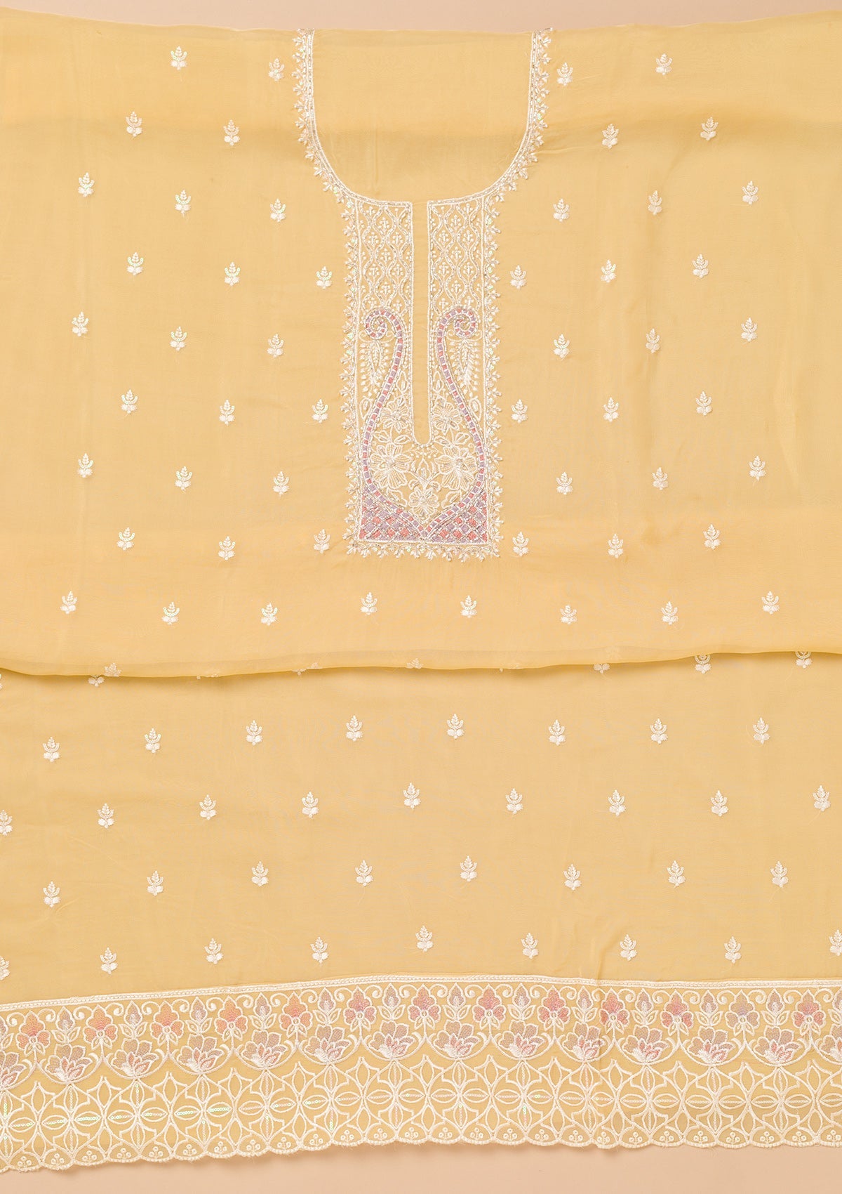 Yellow Threadwork Organza Unstitched Salwar Suit-Koskii