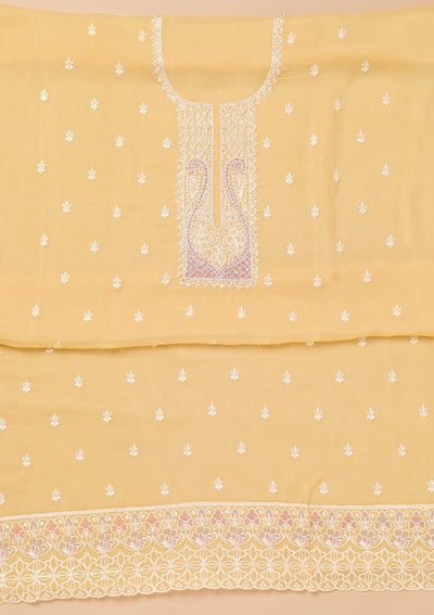 Yellow Threadwork Organza Unstitched Salwar Suit-Koskii