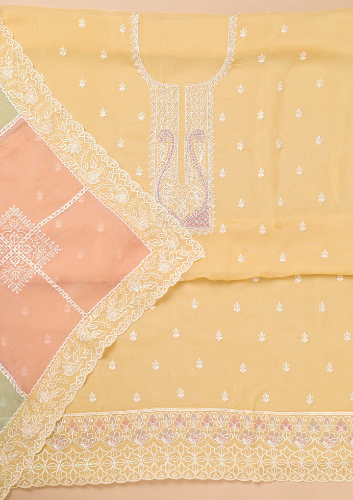 Yellow Threadwork Organza Unstitched Salwar Suit-Koskii