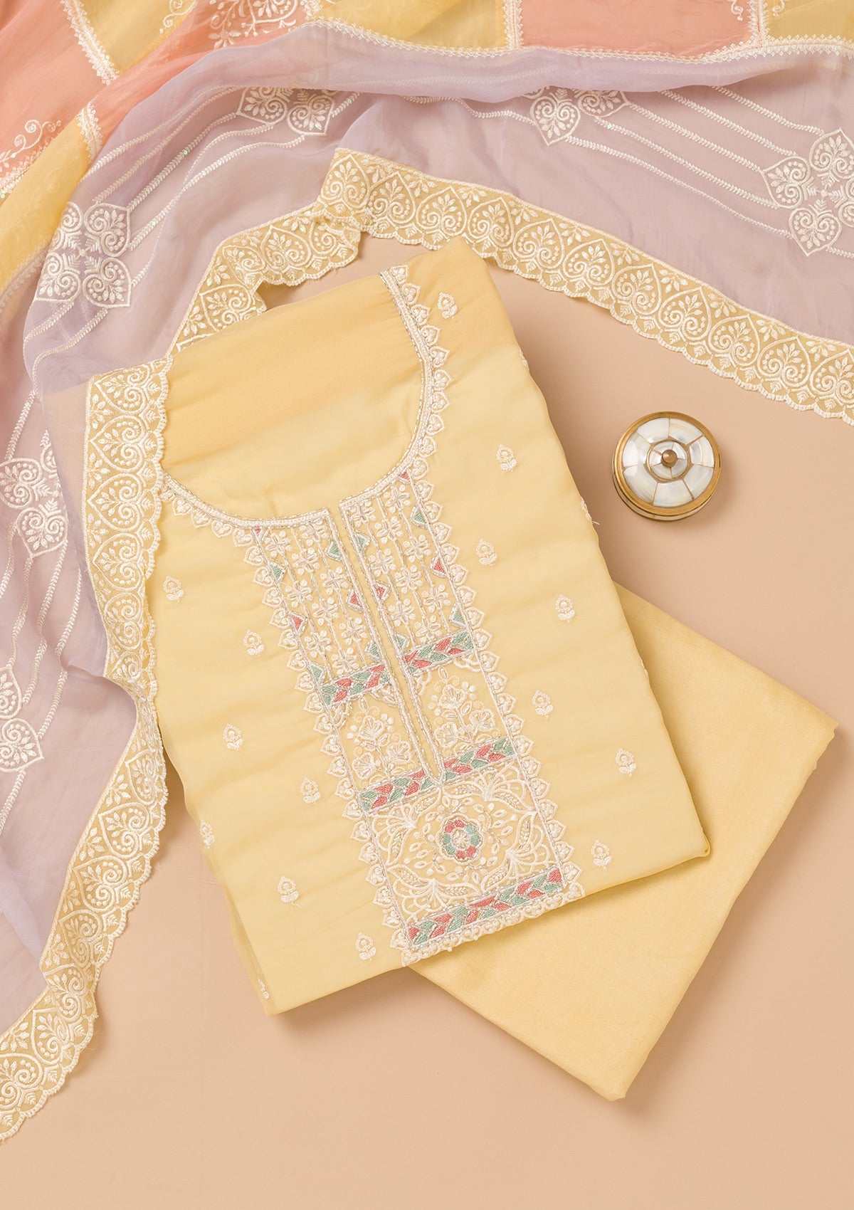 Yellow Threadwork Organza Unstitched Salwar Kameez-Koskii