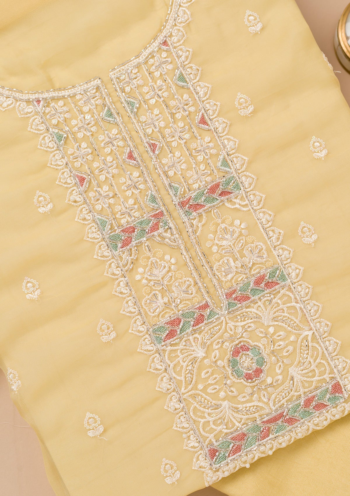 Yellow Threadwork Organza Unstitched Salwar Kameez-Koskii