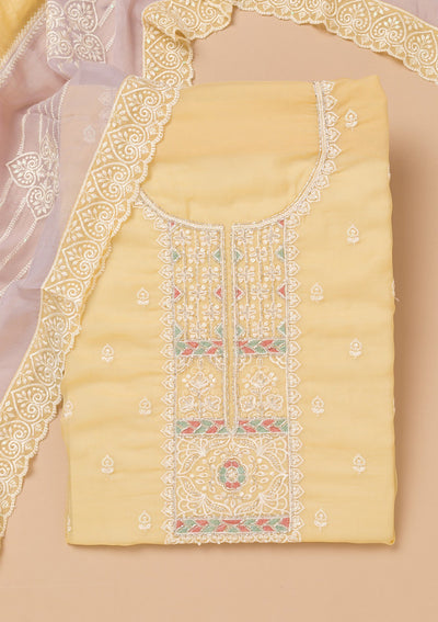 Yellow Threadwork Organza Unstitched Salwar Kameez-Koskii