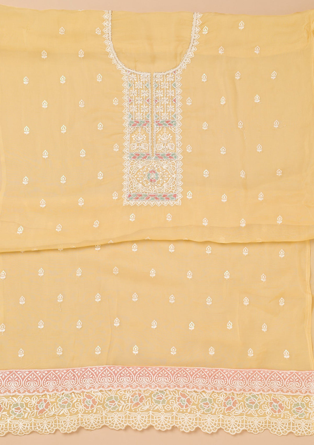 Yellow Threadwork Organza Unstitched Salwar Kameez-Koskii