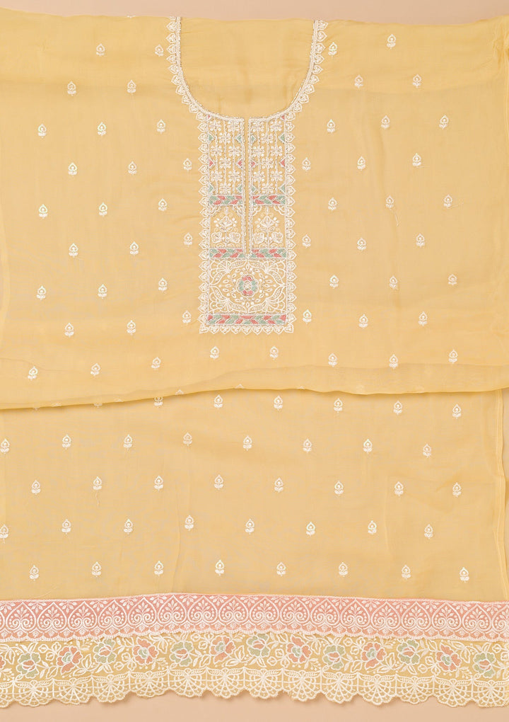 Yellow Threadwork Organza Unstitched Salwar Kameez-Koskii