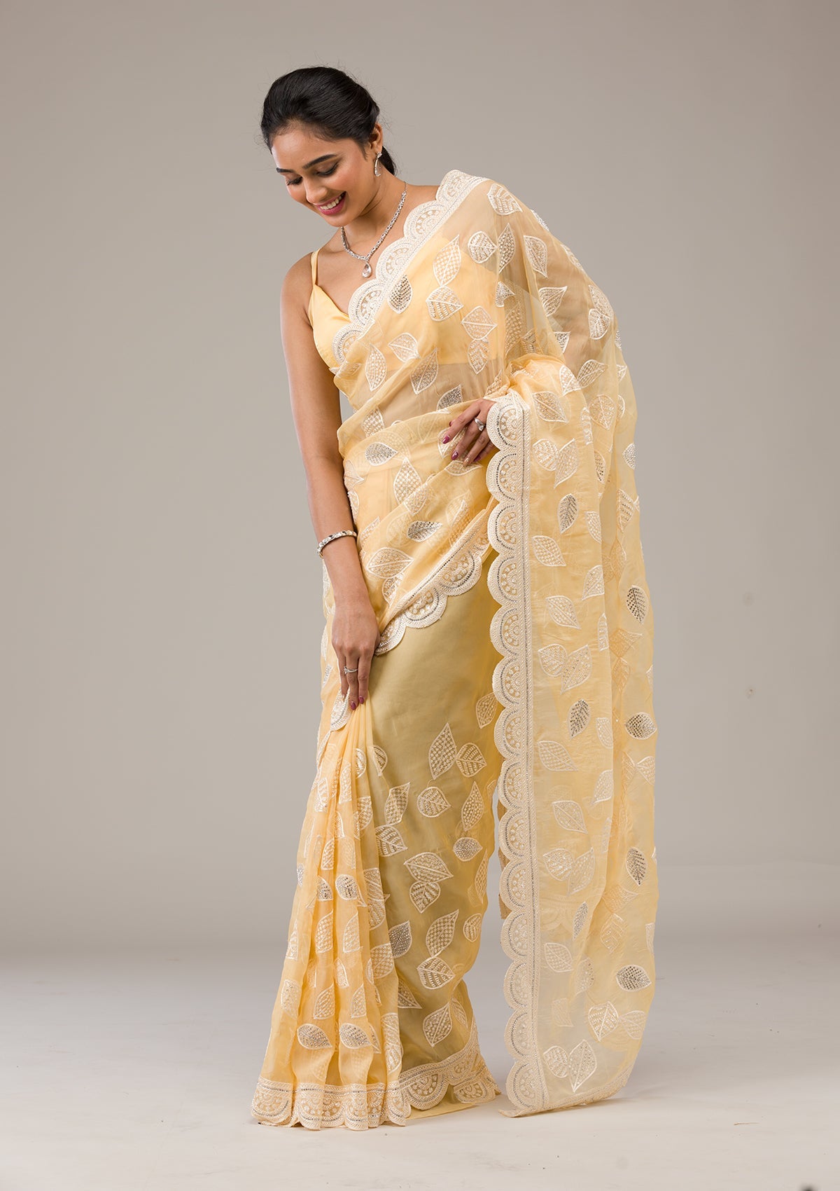 Yellow Threadwork Organza Saree-Koskii