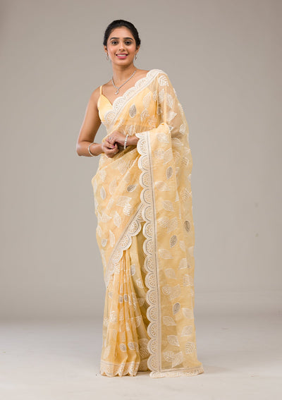 Yellow Threadwork Organza Saree-Koskii