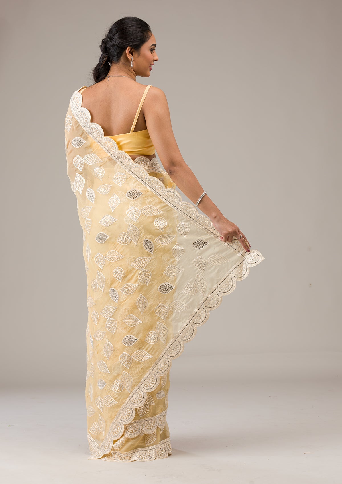 Yellow Threadwork Organza Saree-Koskii