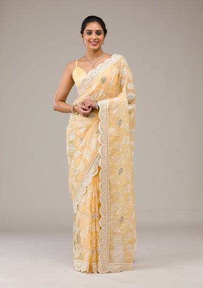 Yellow Threadwork Organza Saree-Koskii