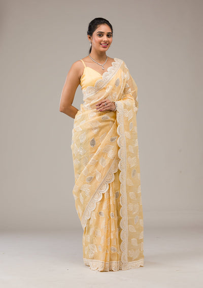 Yellow Threadwork Organza Saree-Koskii