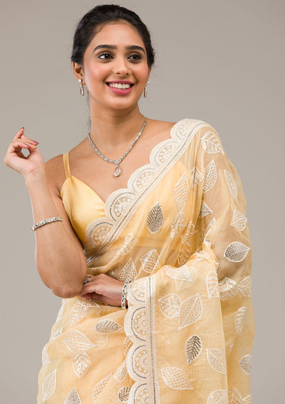 Yellow Threadwork Organza Saree-Koskii