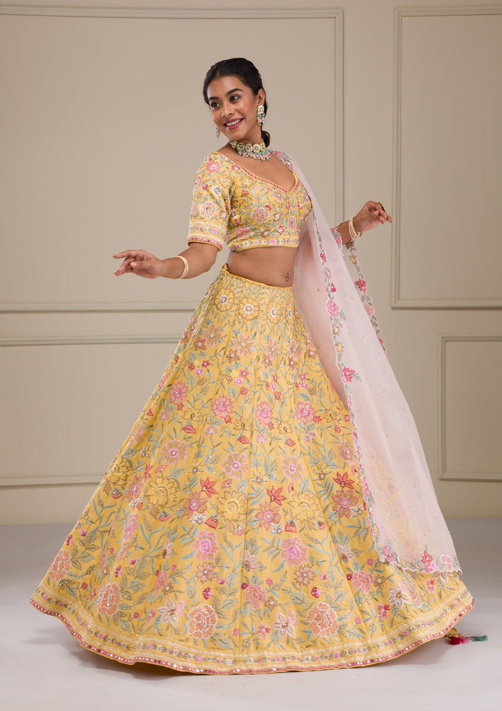 Yellow Threadwork Raw Silk Readymade Lehenga-Koskii