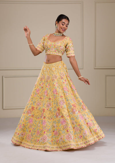 Yellow Threadwork Raw Silk Readymade Lehenga-Koskii