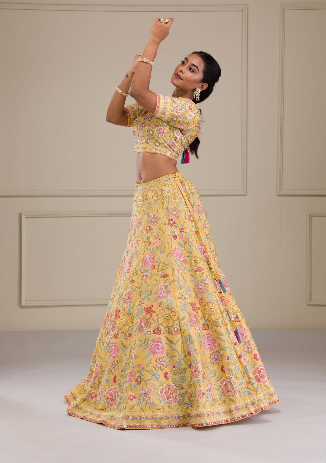 Yellow Threadwork Raw Silk Readymade Lehenga-Koskii