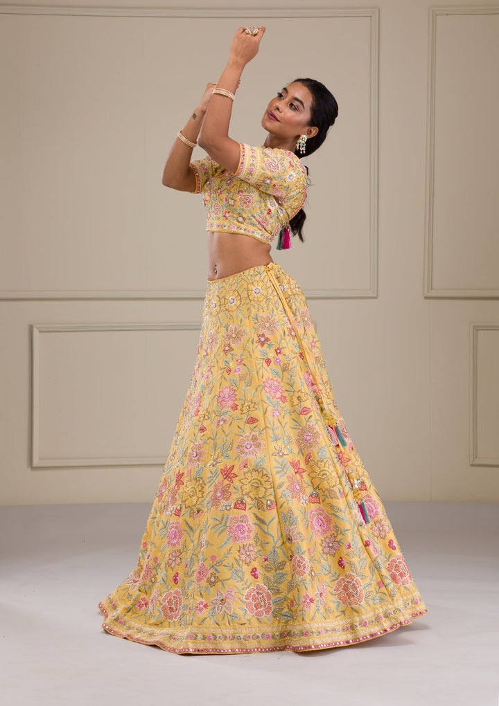 Yellow Threadwork Raw Silk Readymade Lehenga-Koskii