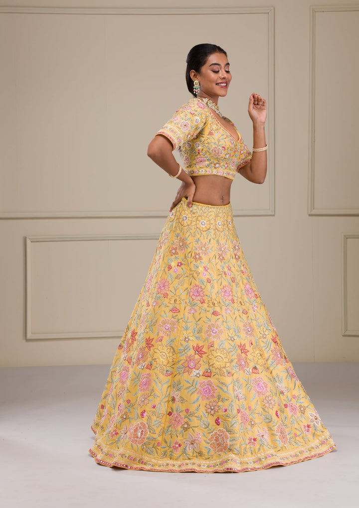 Yellow Threadwork Raw Silk Readymade Lehenga-Koskii