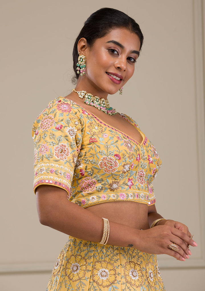 Yellow Threadwork Raw Silk Readymade Lehenga-Koskii