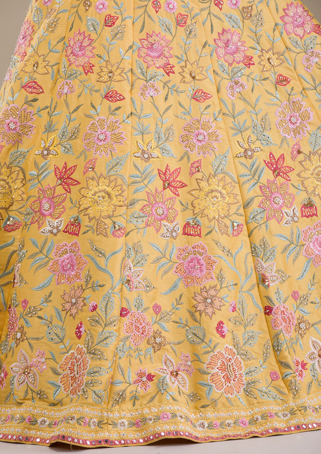 Yellow Threadwork Raw Silk Readymade Lehenga-Koskii