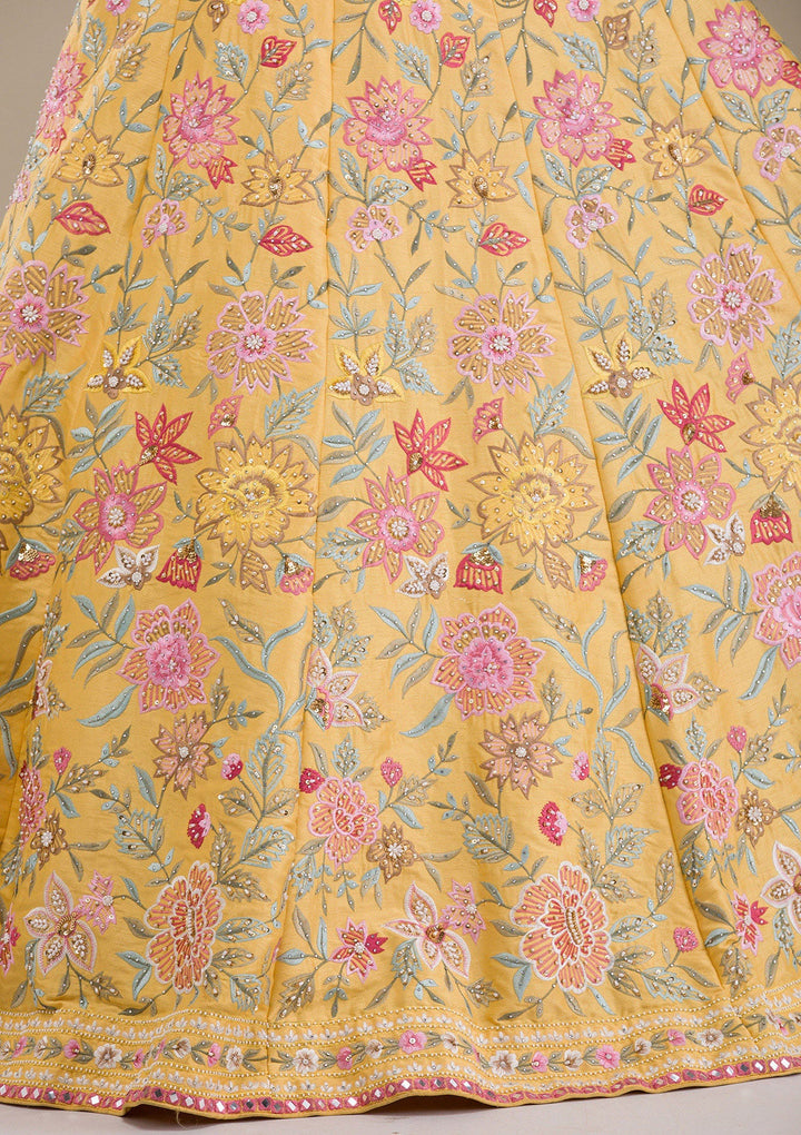 Yellow Threadwork Raw Silk Readymade Lehenga-Koskii