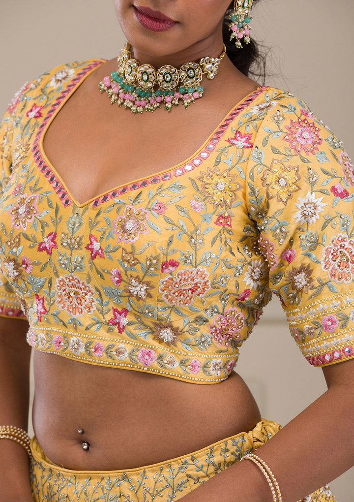 Yellow Threadwork Raw Silk Readymade Lehenga-Koskii