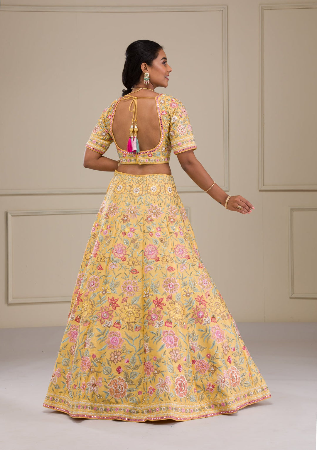 Yellow Threadwork Raw Silk Readymade Lehenga-Koskii