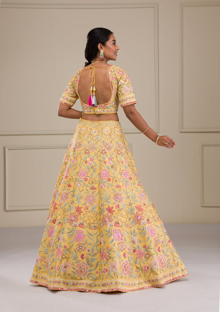 Yellow Threadwork Raw Silk Readymade Lehenga-Koskii