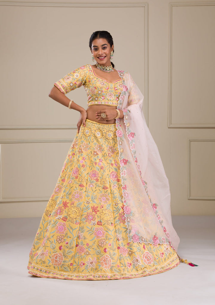 Yellow Threadwork Raw Silk Readymade Lehenga-Koskii