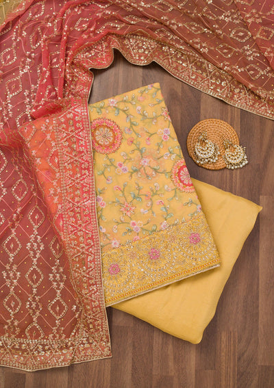 Yellow Threadwork Semi Crepe Unstitched Salwar Suit-Koskii