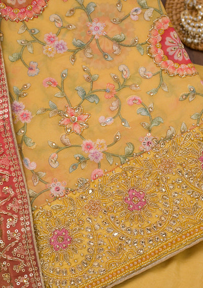 Yellow Threadwork Semi Crepe Unstitched Salwar Suit-Koskii