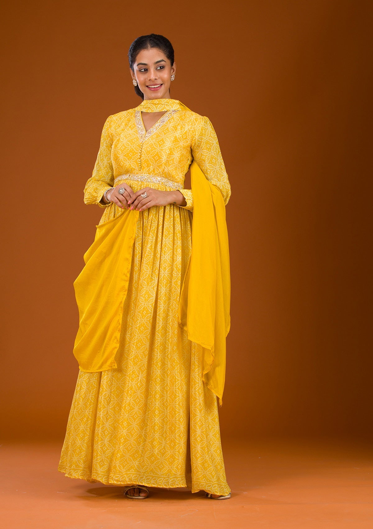 Yellow Threadwork Semi Crepe Readymade Salwar Suit-Koskii