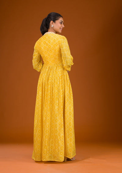 Yellow Threadwork Semi Crepe Readymade Salwar Suit-Koskii