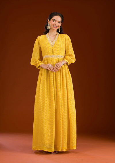 Yellow Threadwork Semi Crepe Readymade Salwar Suit