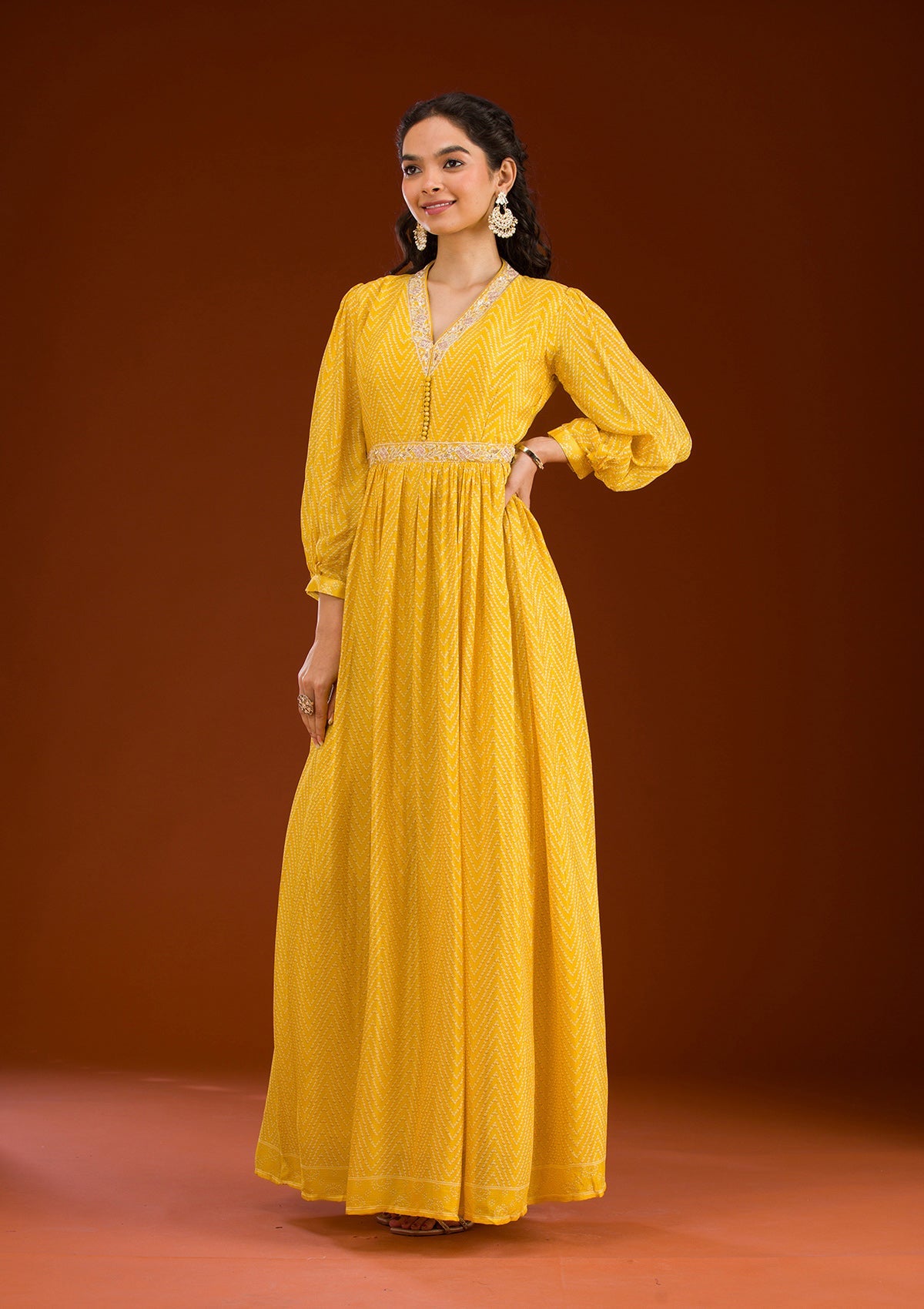 Yellow Threadwork Semi Crepe Readymade Salwar Suit