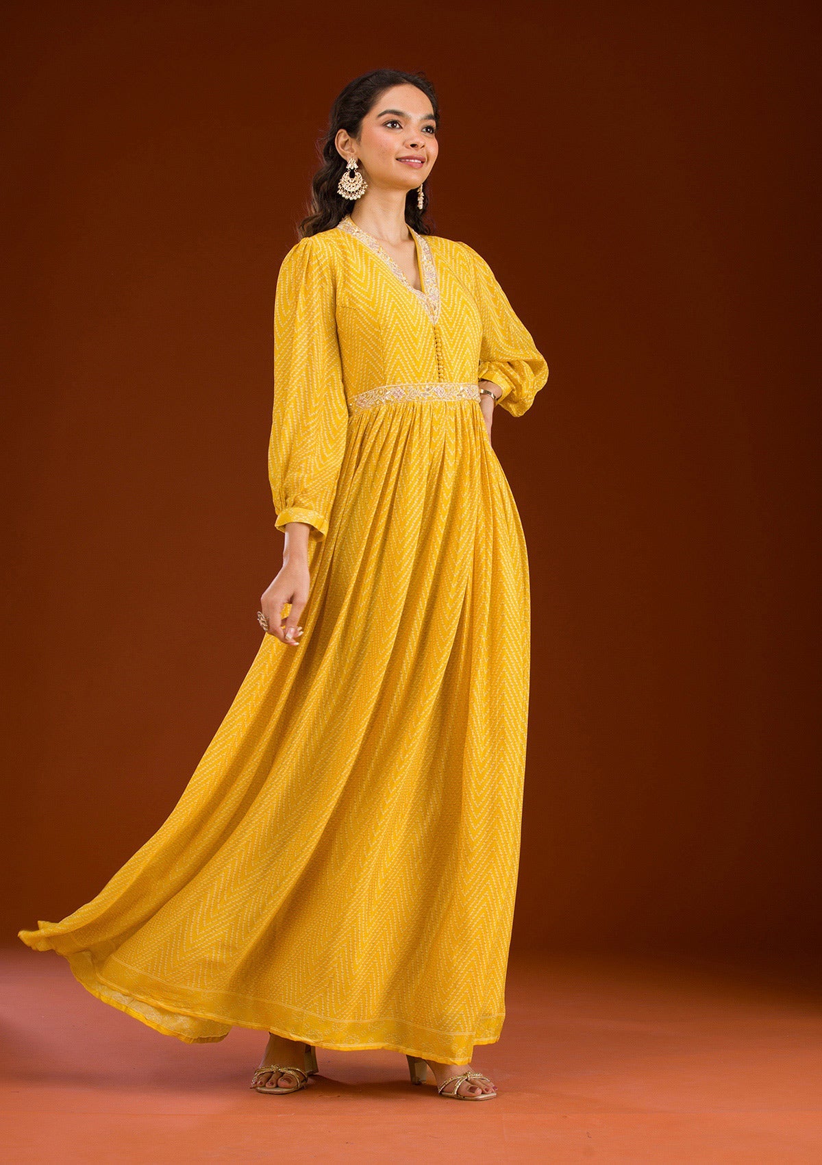 Yellow Threadwork Semi Crepe Readymade Salwar Suit