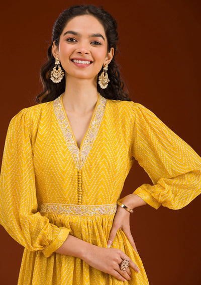 Yellow Threadwork Semi Crepe Readymade Salwar Suit