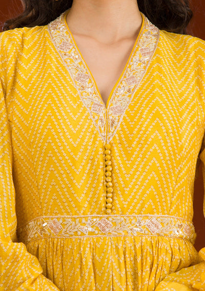 Yellow Threadwork Semi Crepe Readymade Salwar Suit