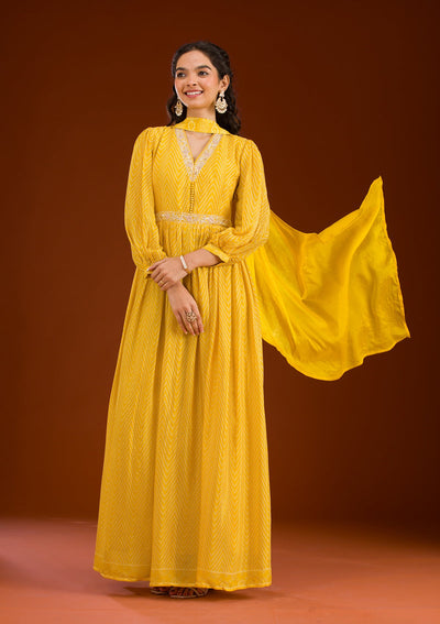 Yellow Threadwork Semi Crepe Readymade Salwar Suit-Koskii