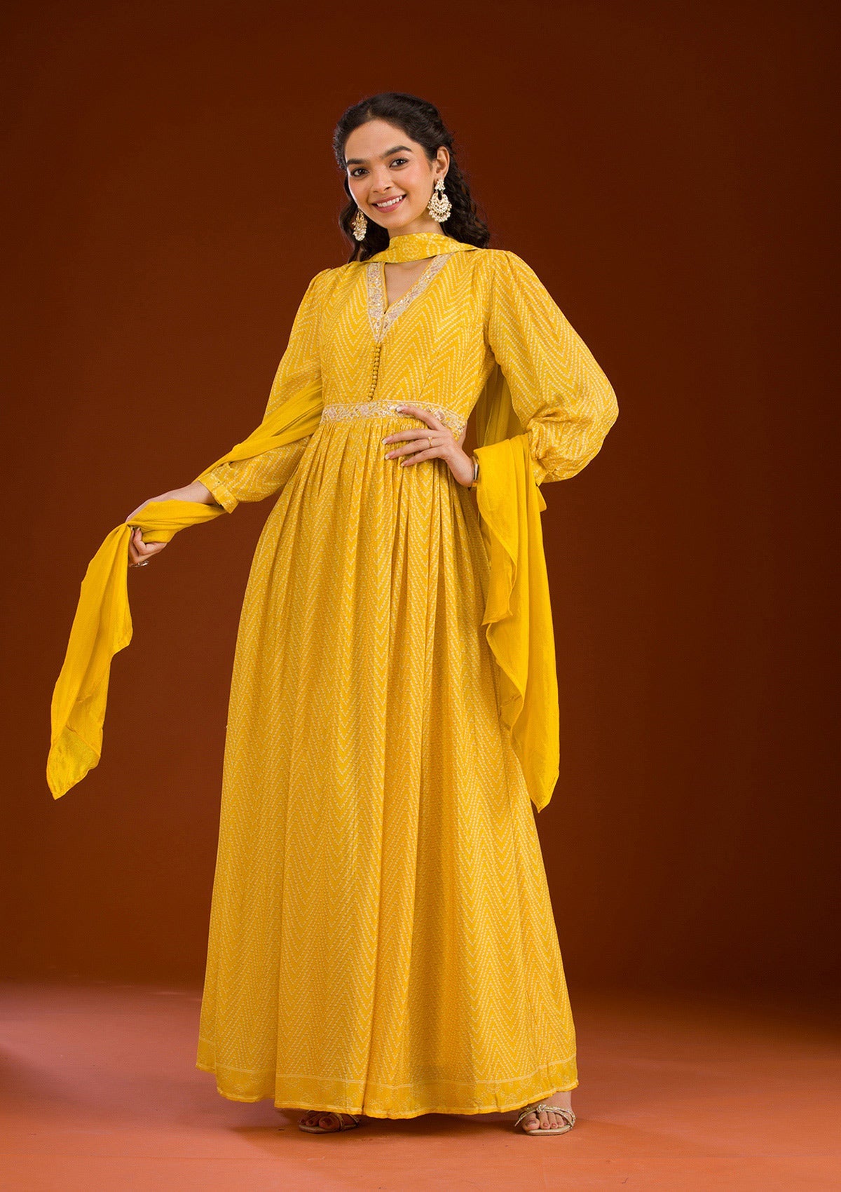 Yellow Threadwork Semi Crepe Readymade Salwar Suit