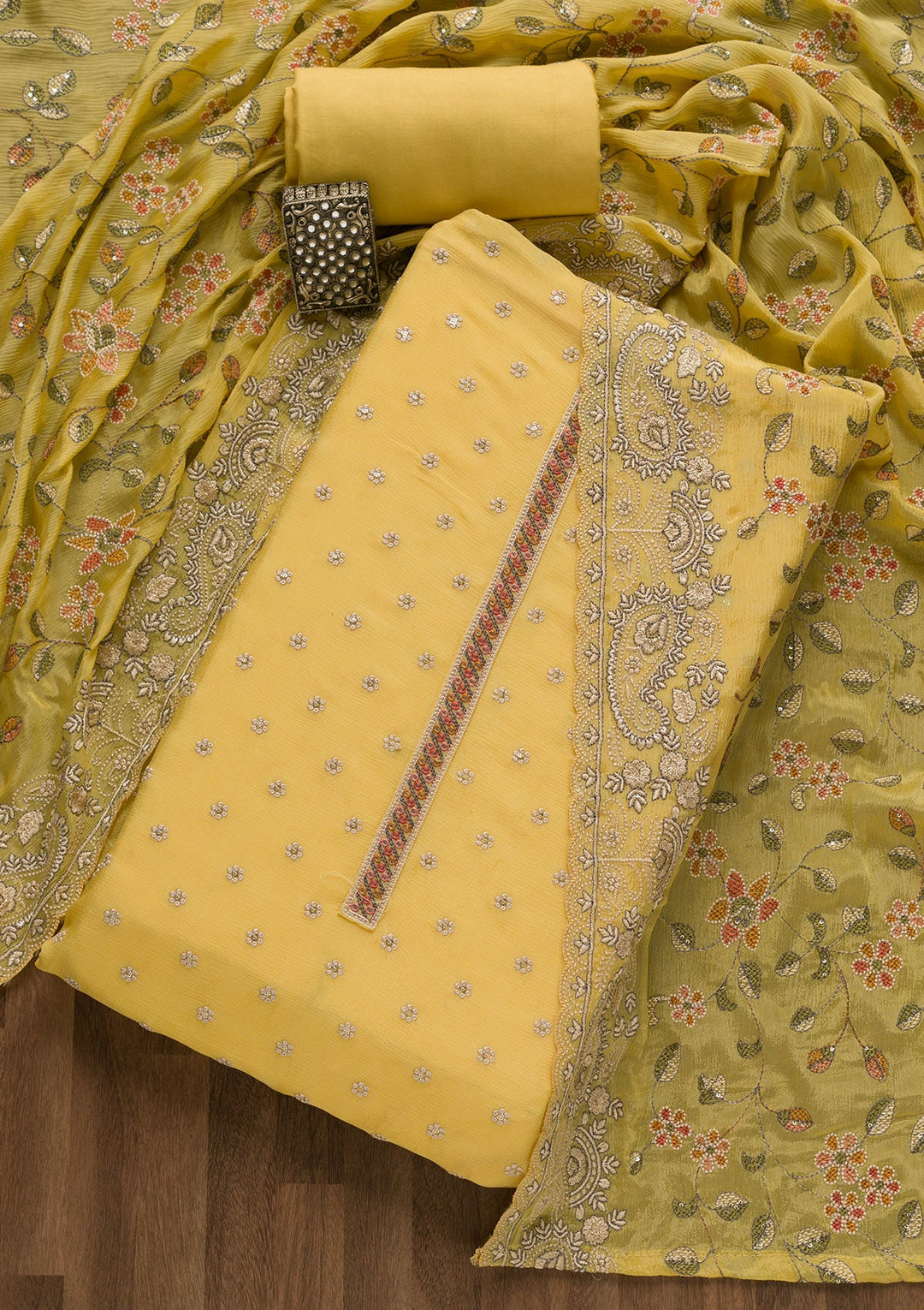 Yellow Threadwork Semi Crepe Unstitched Salwar Suit-Koskii