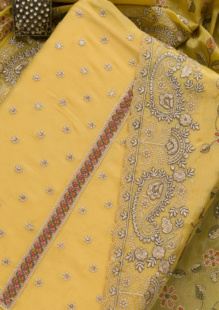Yellow Threadwork Semi Crepe Unstitched Salwar Suit-Koskii