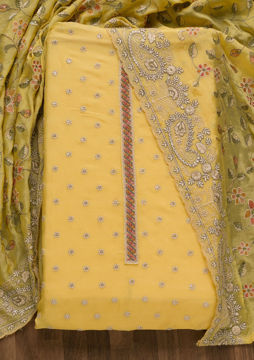 Yellow Threadwork Semi Crepe Unstitched Salwar Suit-Koskii