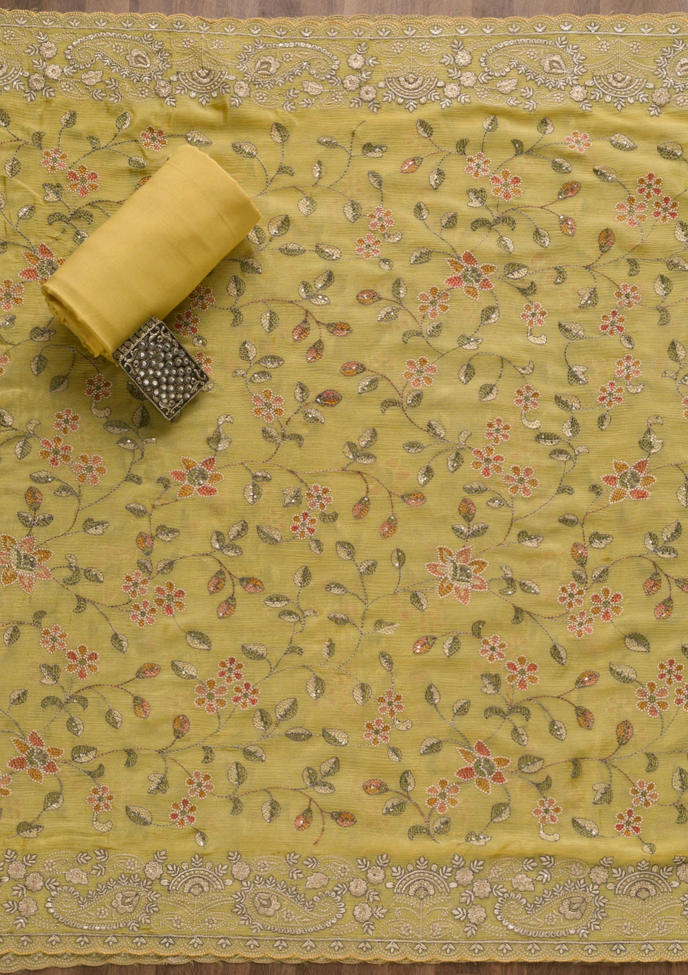 Yellow Threadwork Semi Crepe Unstitched Salwar Suit-Koskii