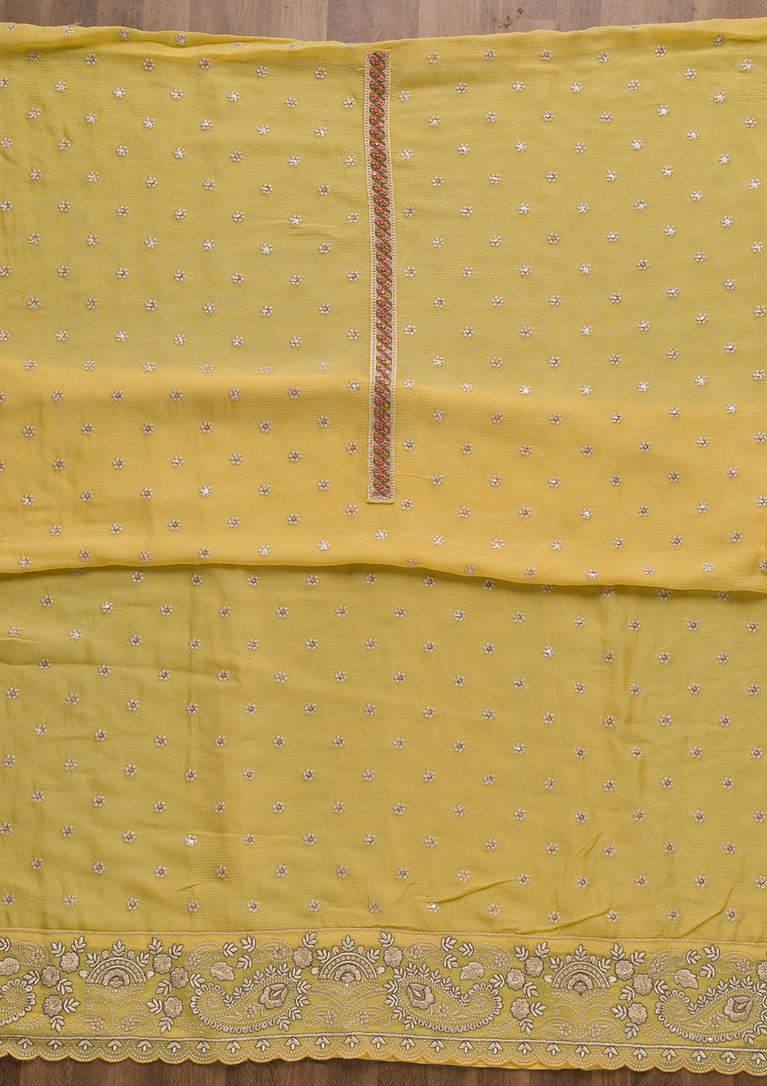 Yellow Threadwork Semi Crepe Unstitched Salwar Suit-Koskii