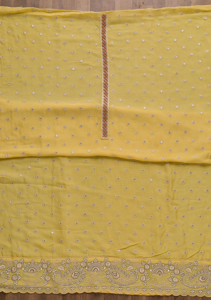 Yellow Threadwork Semi Crepe Unstitched Salwar Suit-Koskii