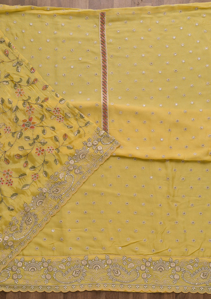 Yellow Threadwork Semi Crepe Unstitched Salwar Suit-Koskii