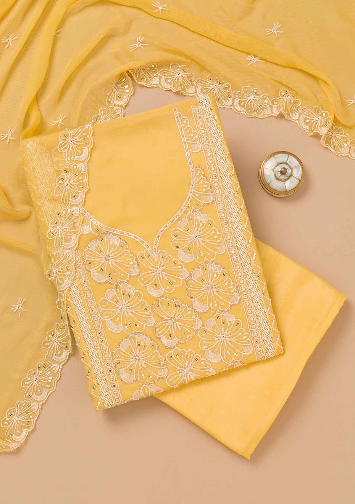 Yellow Threadwork Semi Crepe Unstitched Salwar Suit-Koskii